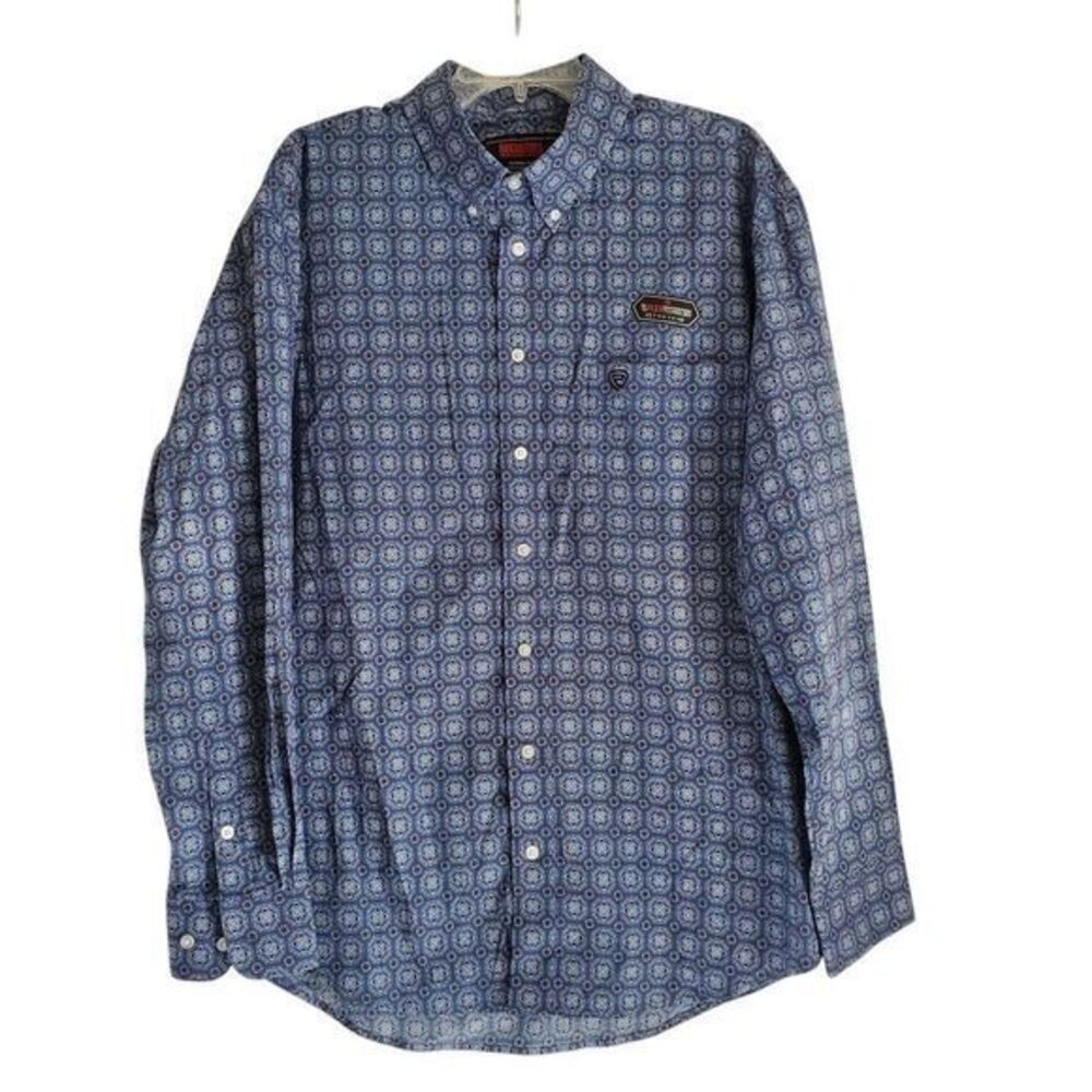 Rock‎ & Roll Denim Shirt Mens Large Medallion Stretch Long Sleeve Blue NEW
